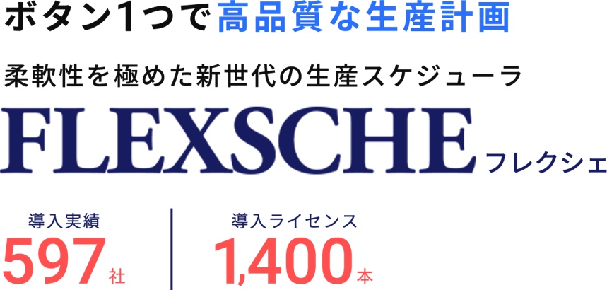 ボタン1つで高品質な生産計画。柔軟性を極めた新世代の生産スケジューラーFLEXSCHE。導入実績597社。導入ライセンス1,348本。